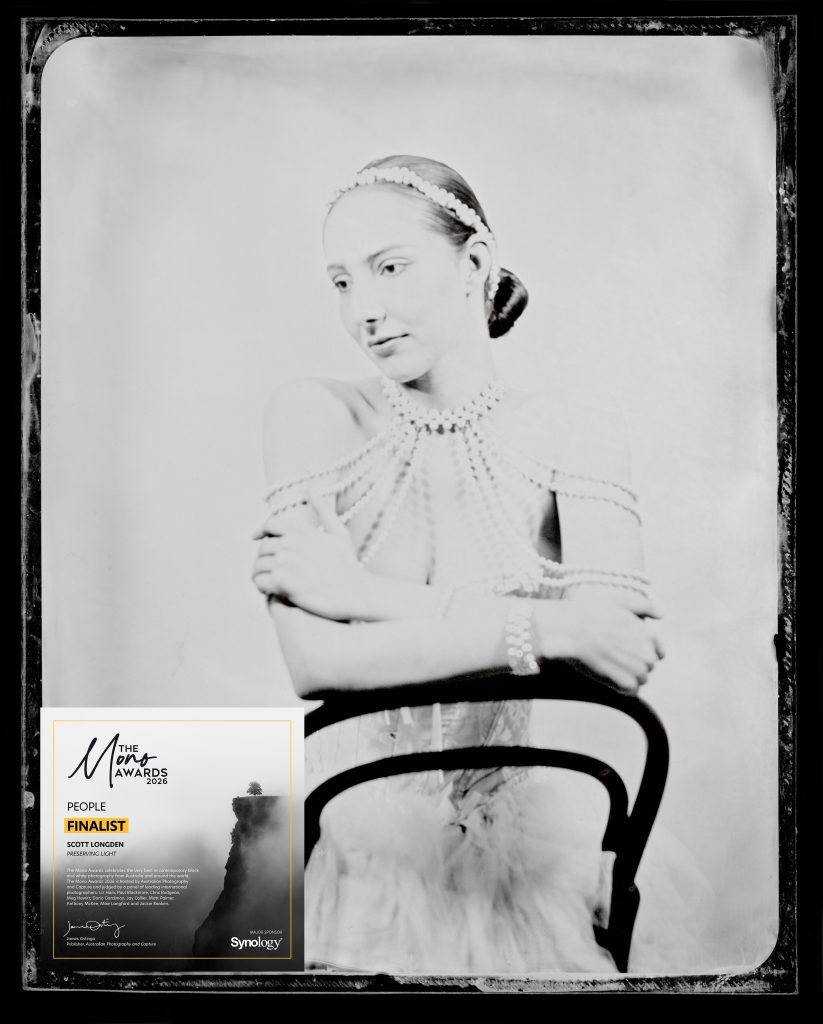 Preserving Light — wetplate portrait of a girl with a chair, finalist in the 2026 Australian Mono Awards.