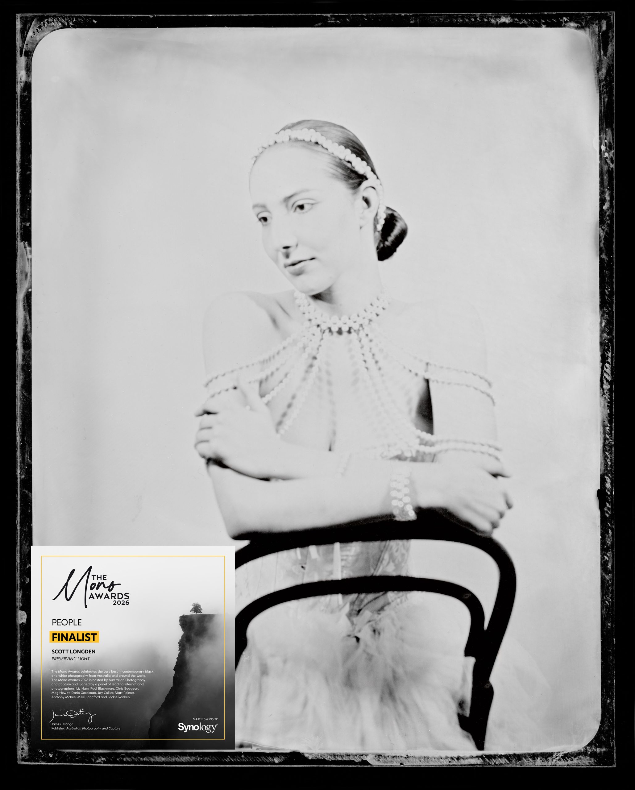 Preserving Light — wetplate portrait of a girl with a chair, finalist in the 2026 Australian Mono Awards.